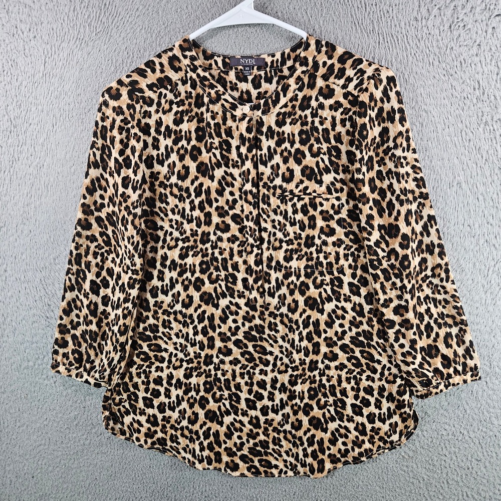 NYDJ Women XS Leopard Print Band Collar Button Front Blouse Animal Print Brown